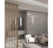 Pareti divisorie in legno realizzate con lamelle decorative (rovere wotan)