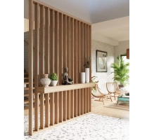 Pareti divisorie in legno realizzate con lamelle decorative (rovere wotan)