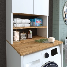 Mobile per lavatrice, bianco + rovere, MONICA, 65 x 181 x 60 cm