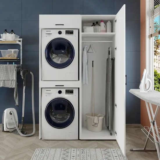 Colonna lavatrice + mobile laterale, 205 cm, bianco, 3 ripiani