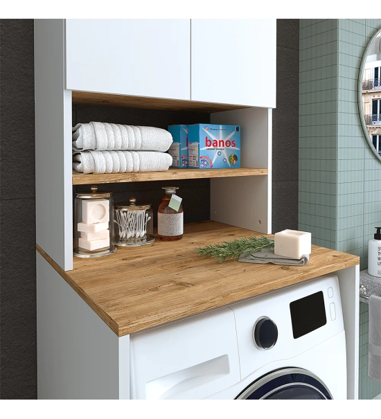 Mobile per lavatrice, bianco + rovere, MONICA, 65 x 181 x 60 cm