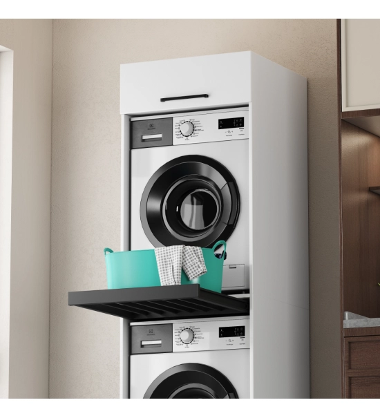 Mobile per lavatrice e asciugatrice con ripiano estraibile e pensile superiore (30 cm), bianco